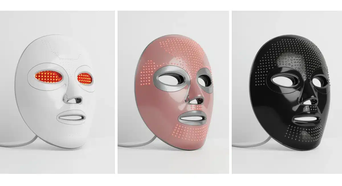 Three different models of at-home LED masks compared side-by-side