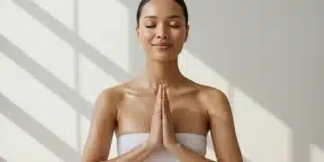 Serene woman achieving inner peace and outer radiance through mindful beauty practices.