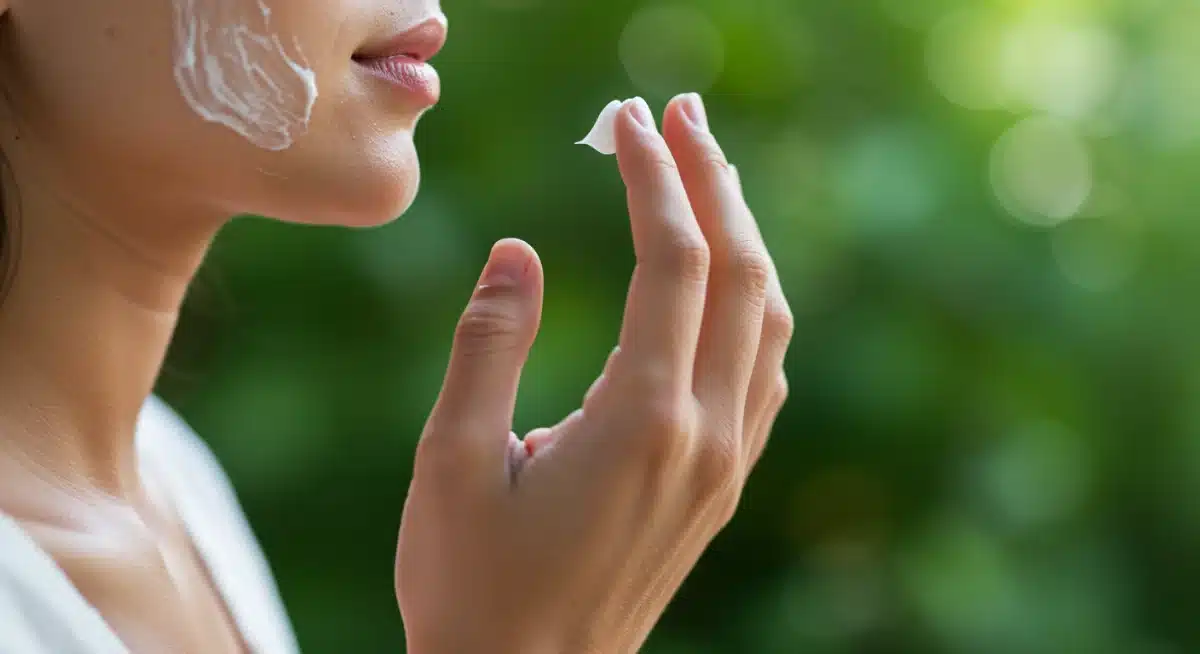 Hands applying natural skincare product, illustrating conscious beauty routine.