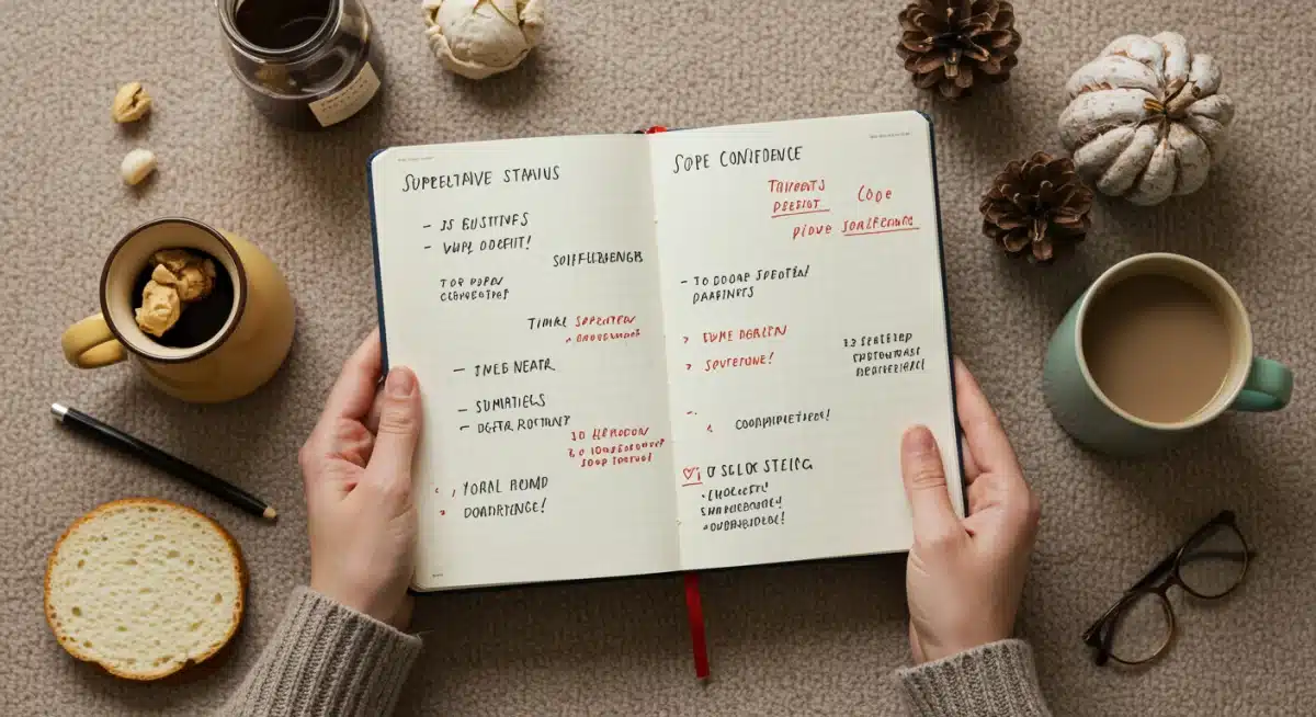 Hands holding journal with positive affirmations for self-care