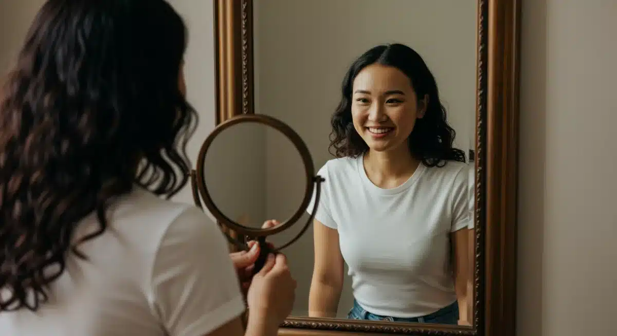 Person smiling at reflection, practicing self-acceptance