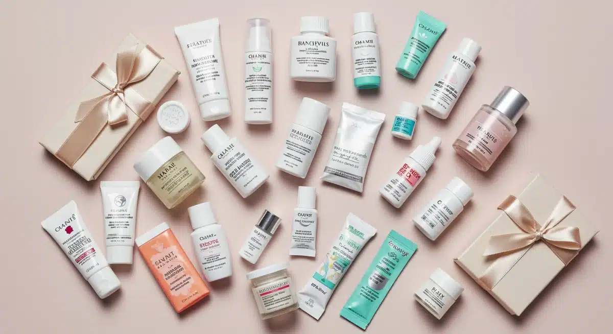 Assortment of skincare samples and gift-with-purchase items