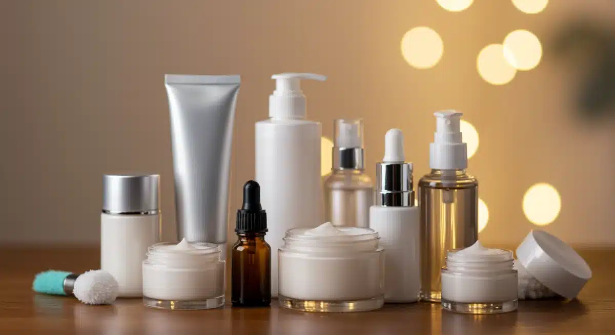 Assortment of winter skincare products: moisturizers, serums, balms.