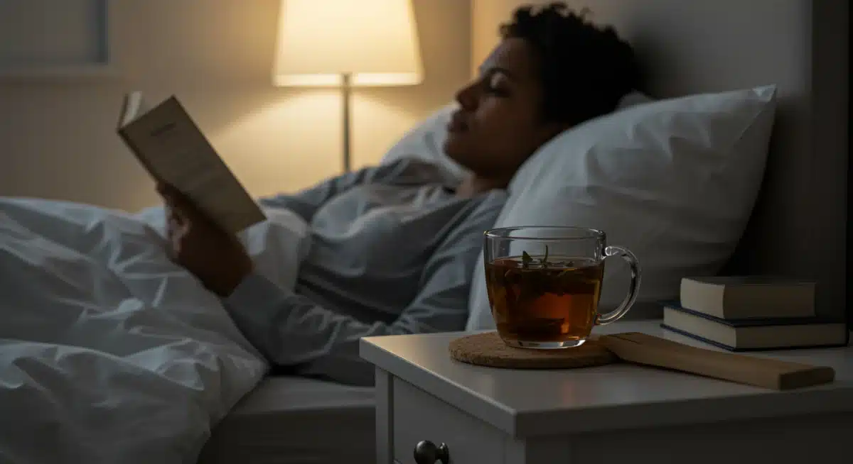Person practicing a relaxing bedtime routine to improve sleep quality for better skin.