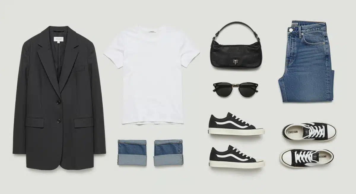 Capsule wardrobe essentials flat lay for 2026 casual styling.