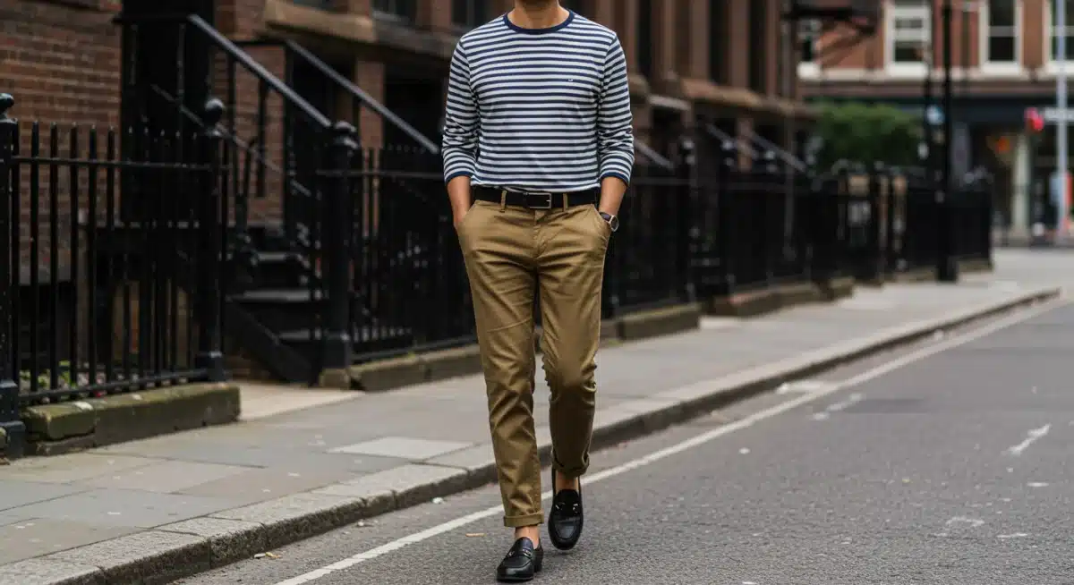 Person in a stylish, mixed-and-matched casual outfit on a city street.