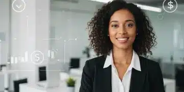 Confident woman smiling in a professional setting, embodying self-assured demeanor.