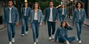 Models displaying the latest denim fits for 2026, showcasing versatility and style in an urban setting.
