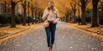 Stylish woman in affordable fall 2026 casual outfit walking on a city street.