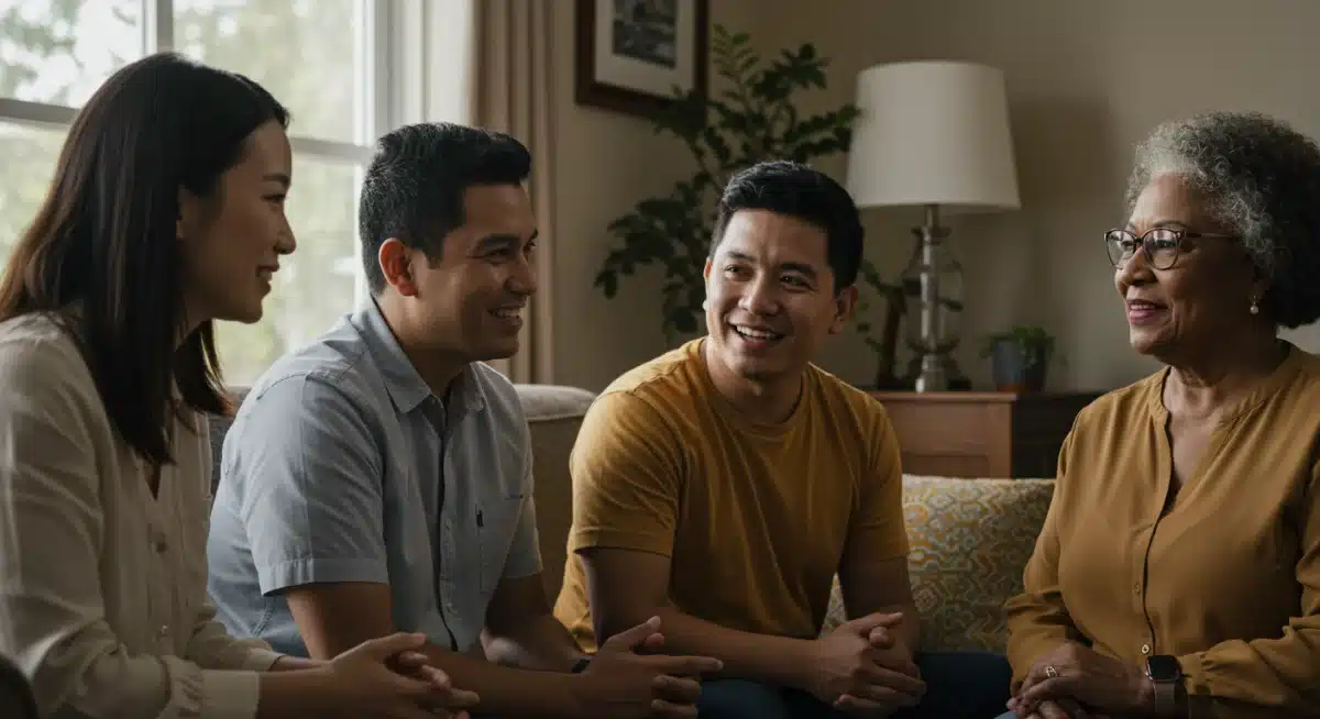 Diverse group engaging in positive conversation, enhancing communication and confidence.