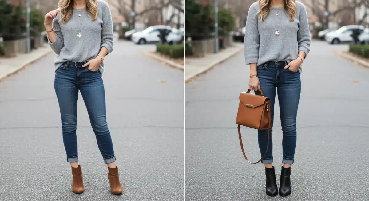 Quick accessory change for evening outfit transformation.