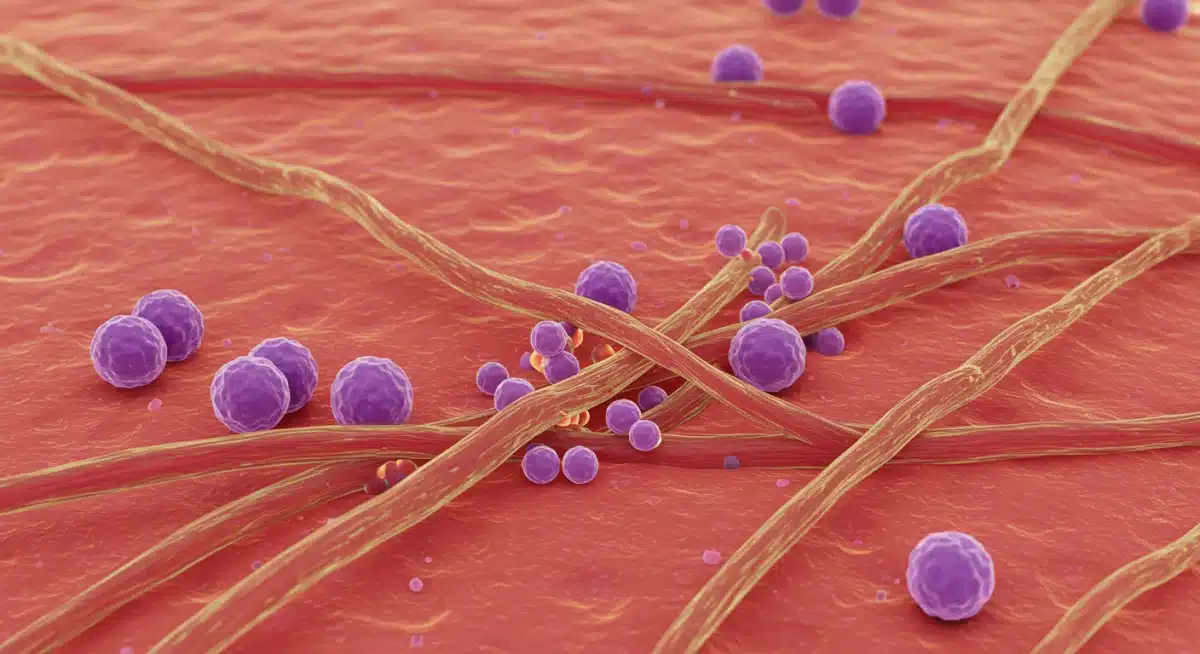 Microscopic view of skin cells undergoing active repair and regeneration.