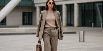 Woman in tailored blazer and wide-leg trousers, embodying smart casual 2026 style