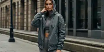 Model wearing 2026 athleisure key pieces: tailored track jacket, performance leggings, oversized hoodie.