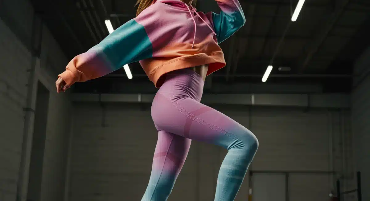 Person in high-waisted performance leggings and oversized hoodie, showcasing movement.