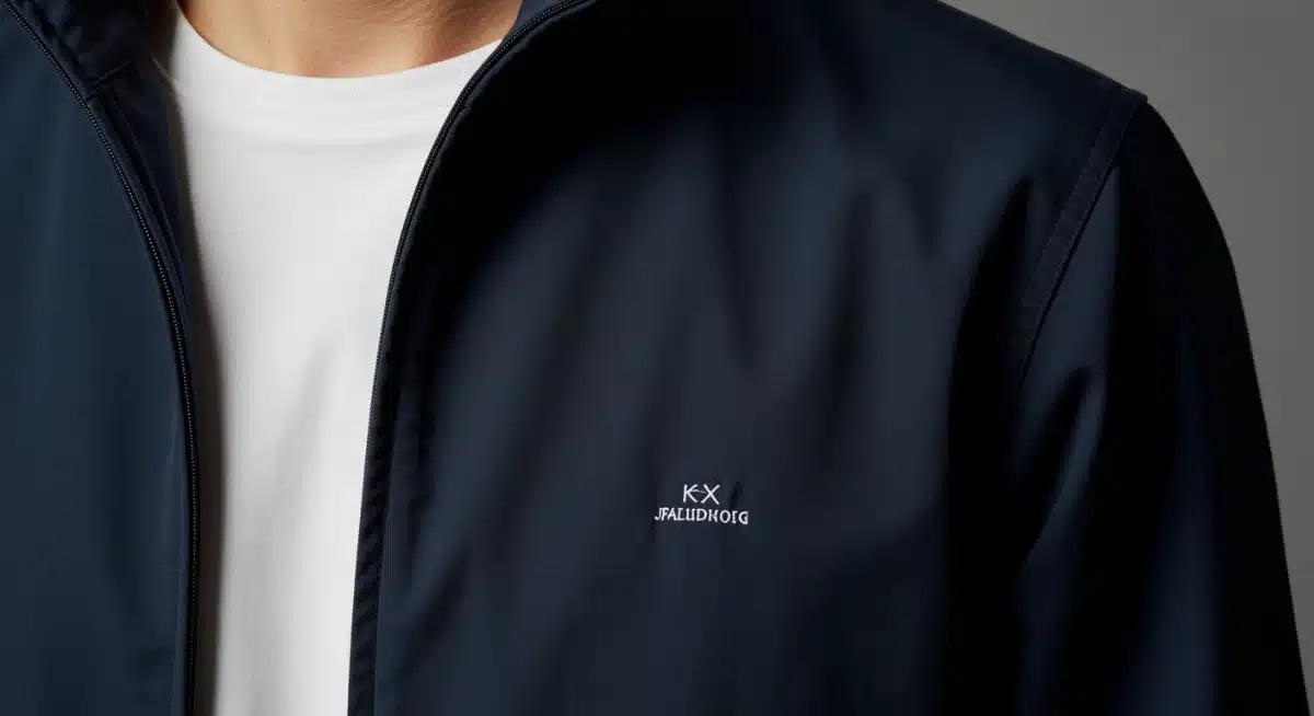 Close-up of a tailored track jacket, highlighting fabric and structured design.