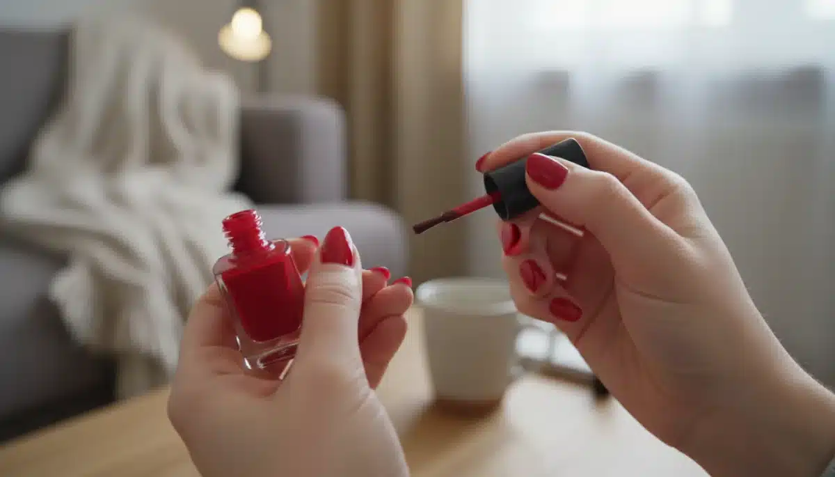 Close-up of a hand applying nail polish, illustrating professional application technique at home.