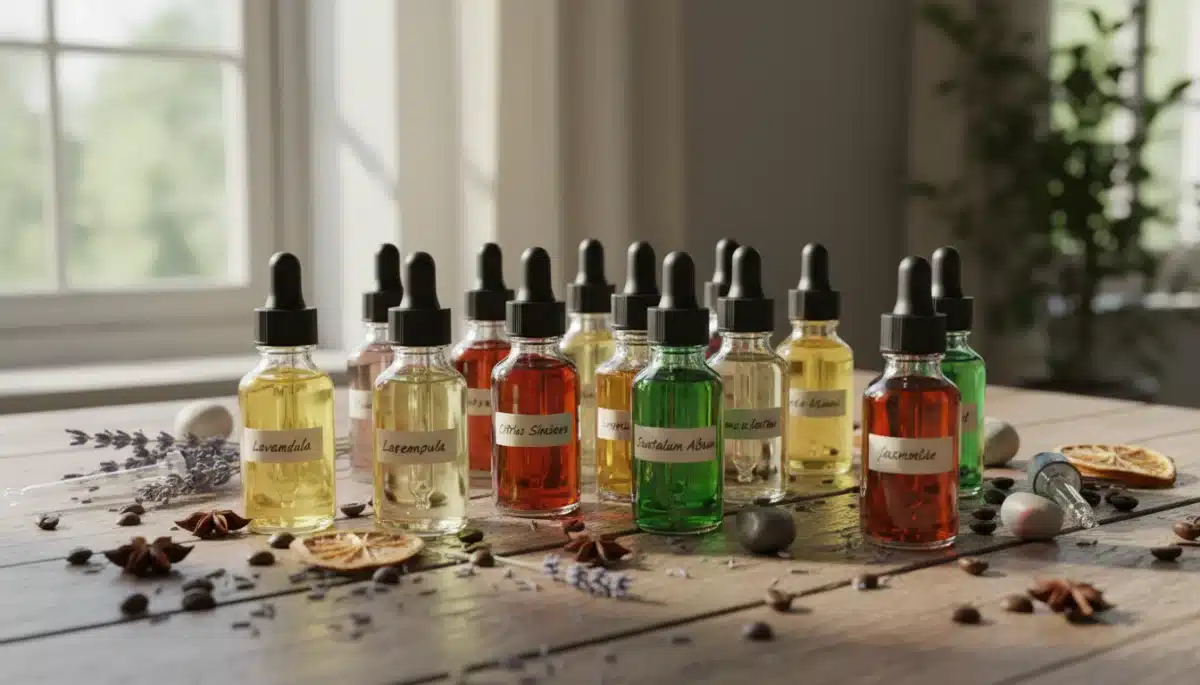 Assortment of essential oil bottles representing diverse fragrance components.