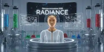 Futuristic lab with radiant skin model highlighting Skincare Innovations 2026 Radiance.