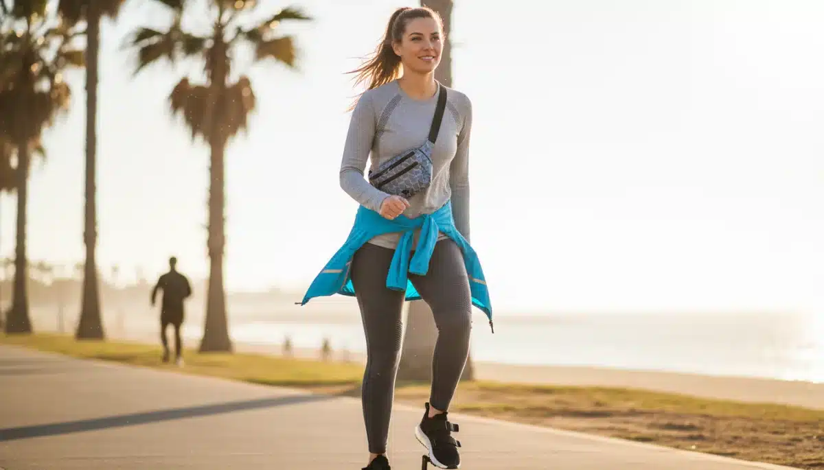 Person in performance-enhanced casual outfit, demonstrating freedom of movement.