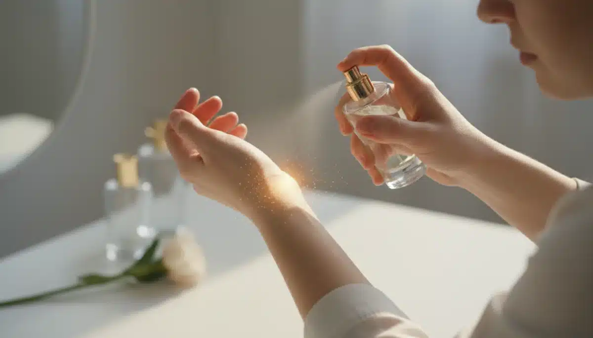 Person applying perfume to wrist, focused, with subtle glow symbolizing scent's impact.