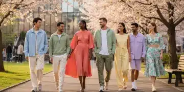 Models in Spring 2026 casual outfits featuring innovative fabrics, walking in a park.
