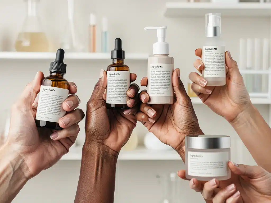 Diverse hands examining beauty product labels, symbolizing consumer awareness and informed decisions.