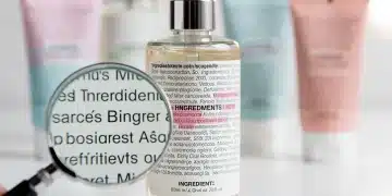 Detailed ingredient list on a modern beauty product label under a magnifying glass, emphasizing transparency and informed choices.