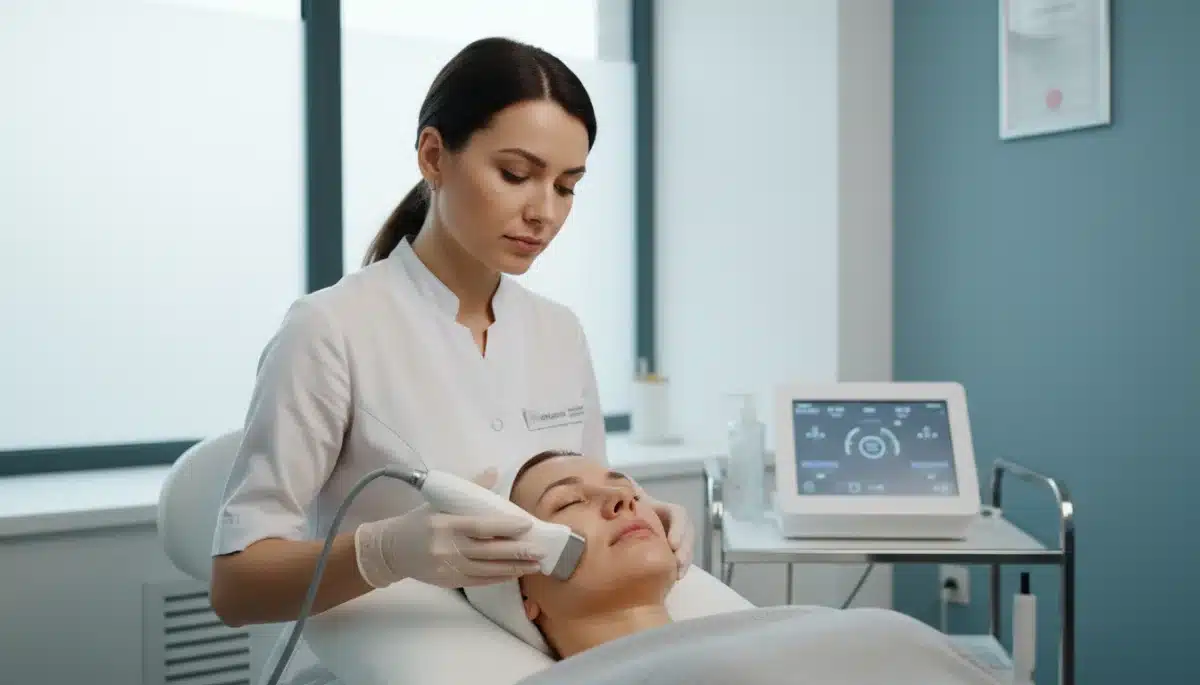 Professional applying focused ultrasound anti-aging treatment to a patient's face.