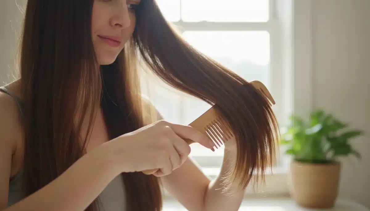 Person gently brushing long, healthy hair with a wide-tooth comb.