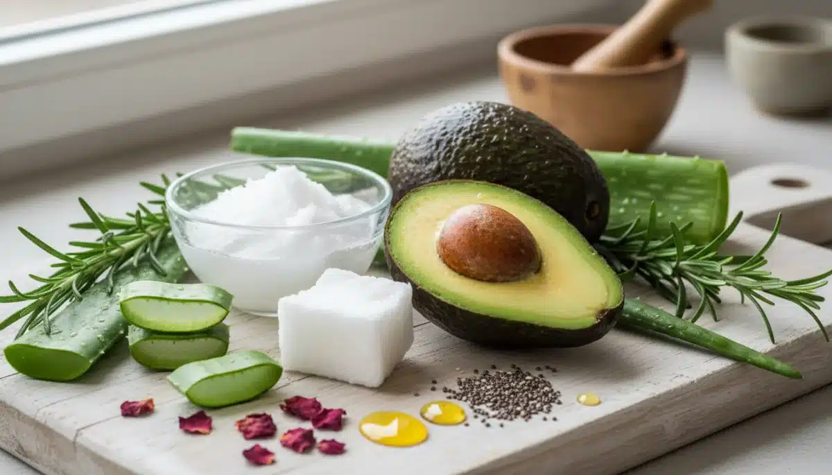 Natural ingredients for hair care, including avocado, coconut oil, and rosemary.