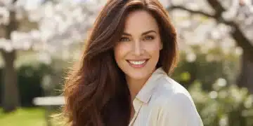 Woman with long, shiny, healthy hair showcasing peak hair health.