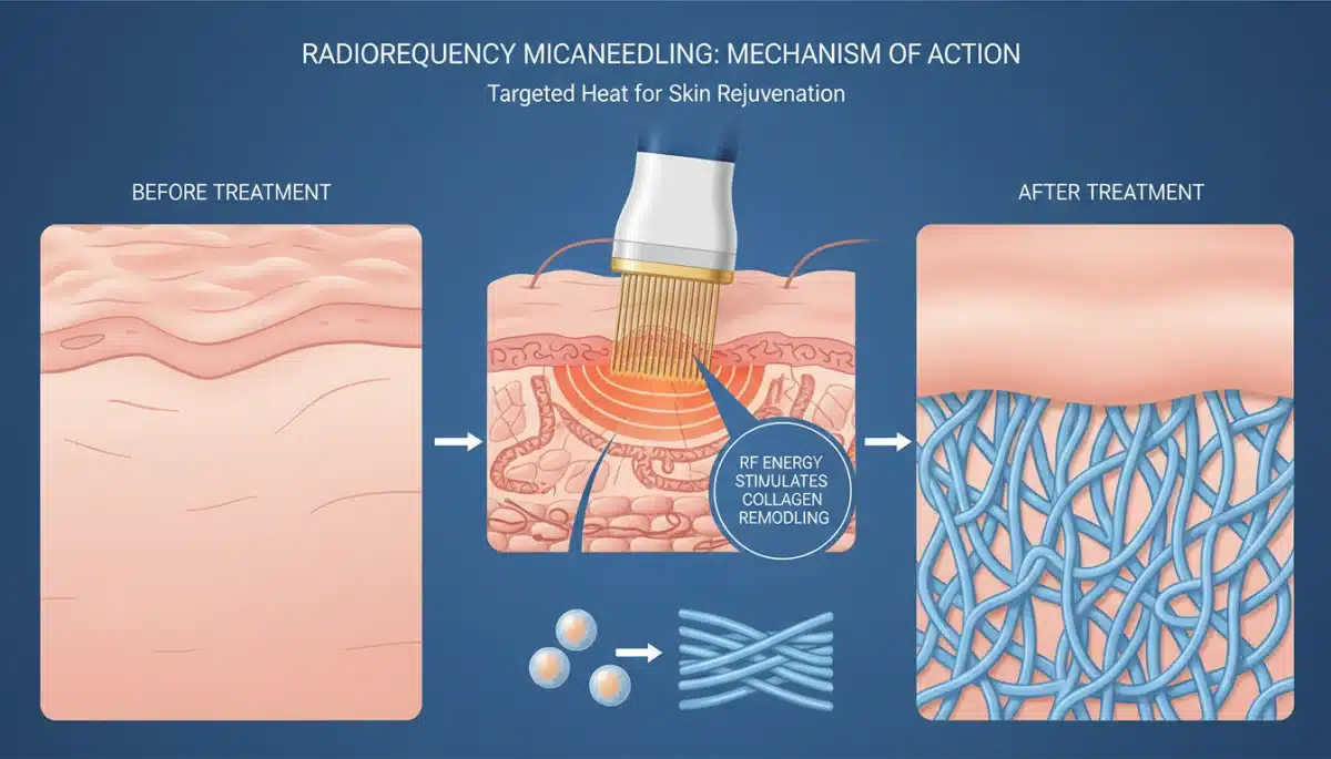 Diagram showing radiofrequency microneedling stimulating collagen for anti-aging.