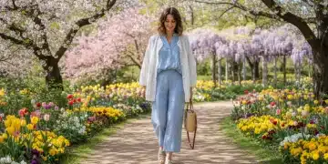 Woman in stylish spring casual outfit with innovative fabrics