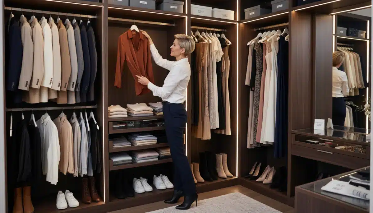 Person curating their wardrobe, selecting stylish outfits for a renewed personal image and confidence.
