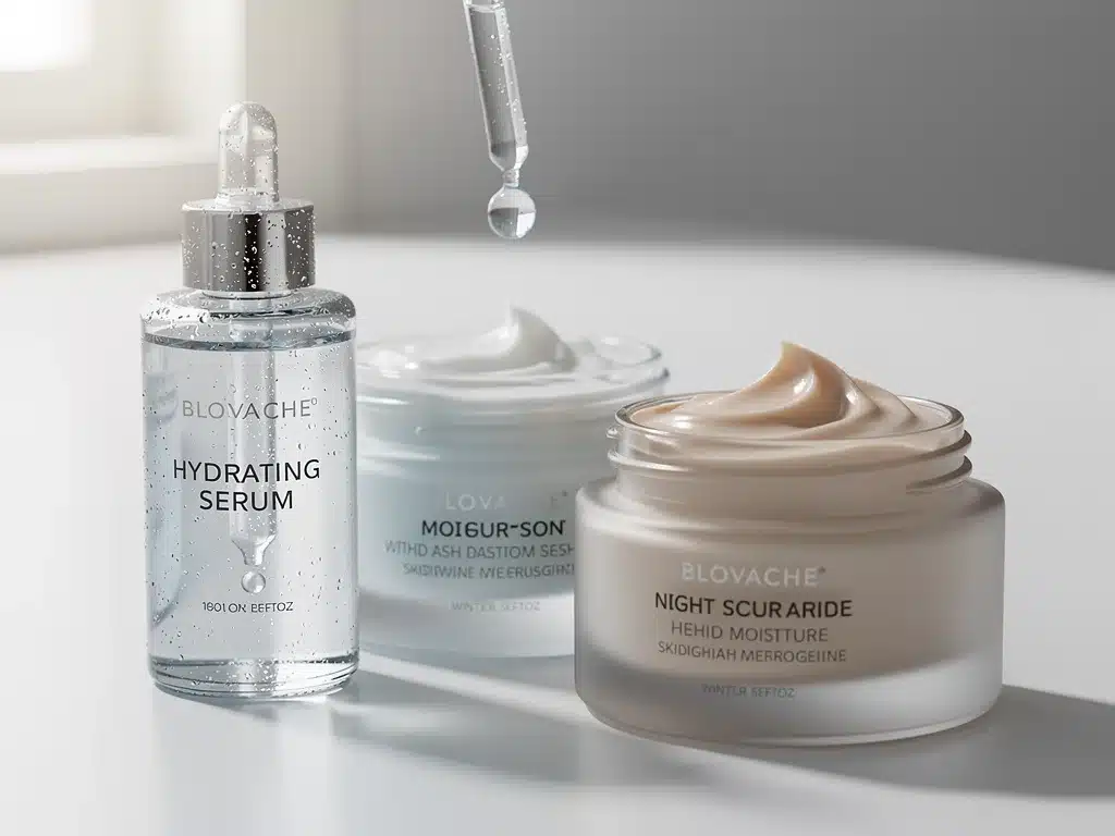 Winter skincare products like rich moisturizer and hydrating serum