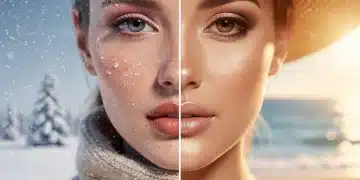 Woman transitioning from winter to summer skincare, showing healthy skin