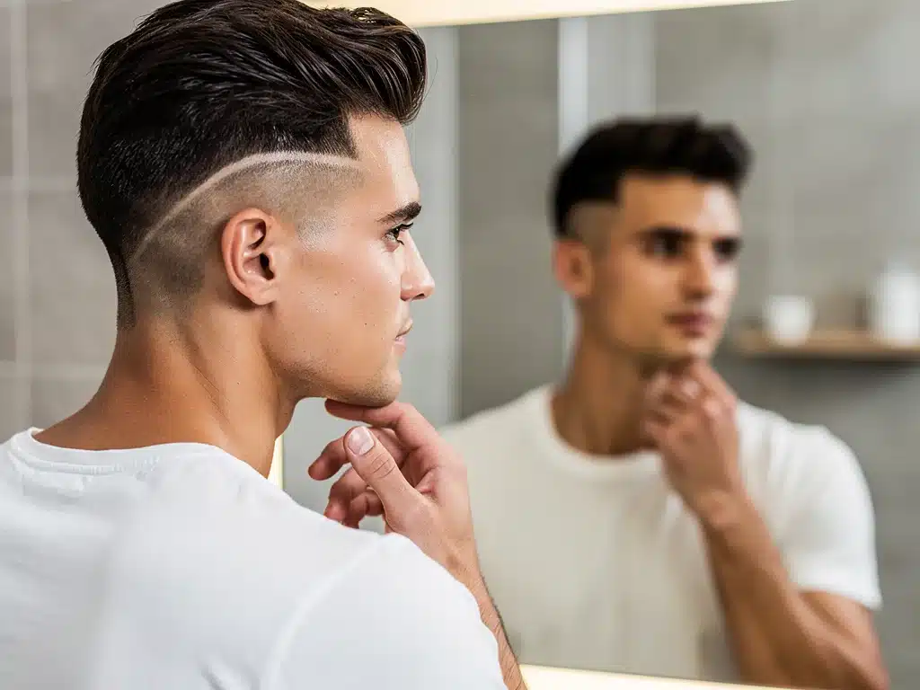 Man with smooth skin and perfectly styled hair looking confidently in mirror