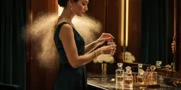 Elegant woman applying perfume layers for enhanced evening sillage