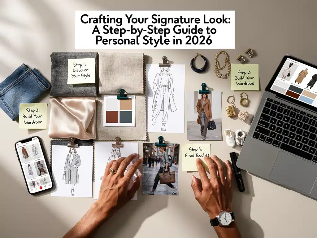 Fashion mood board with fabric swatches, color palettes, and style inspirations