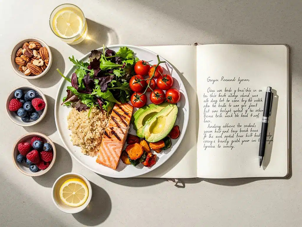 Healthy meal and journal for self-care and body confidence.
