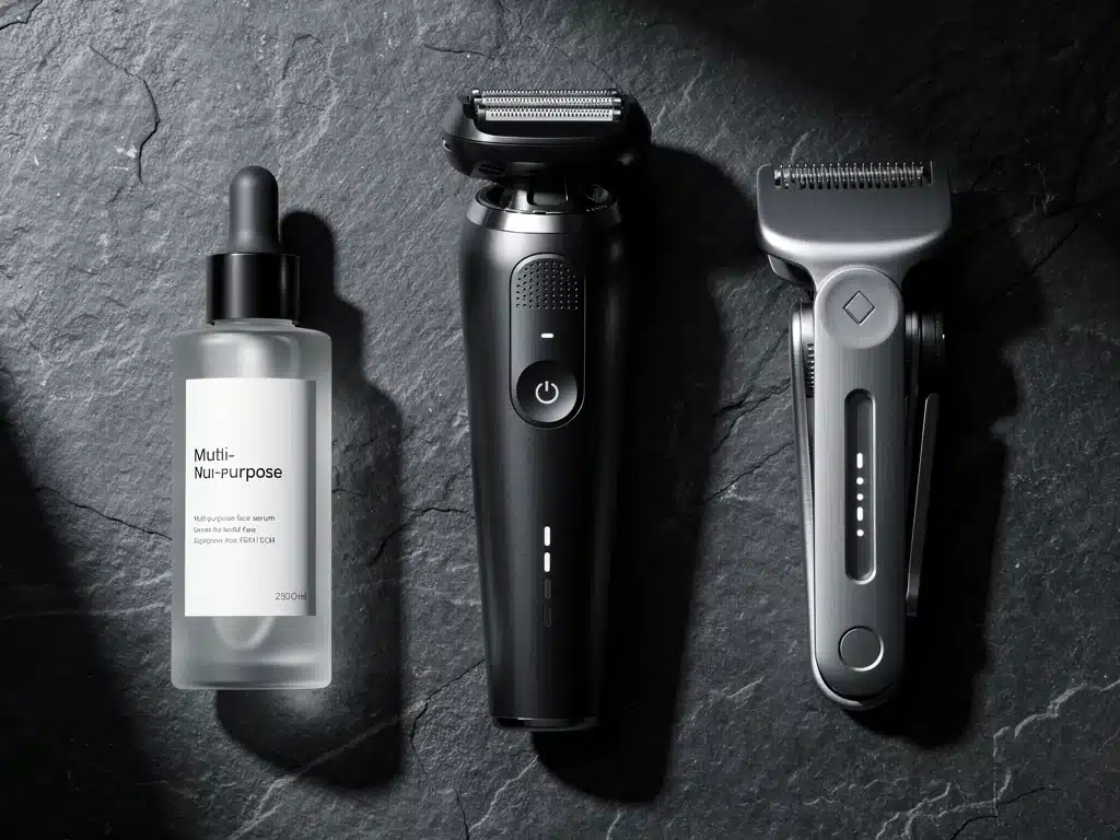 Collection of minimalist high-tech men's grooming products