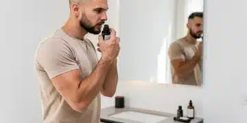 Man quickly applying grooming product in modern bathroom for a polished look