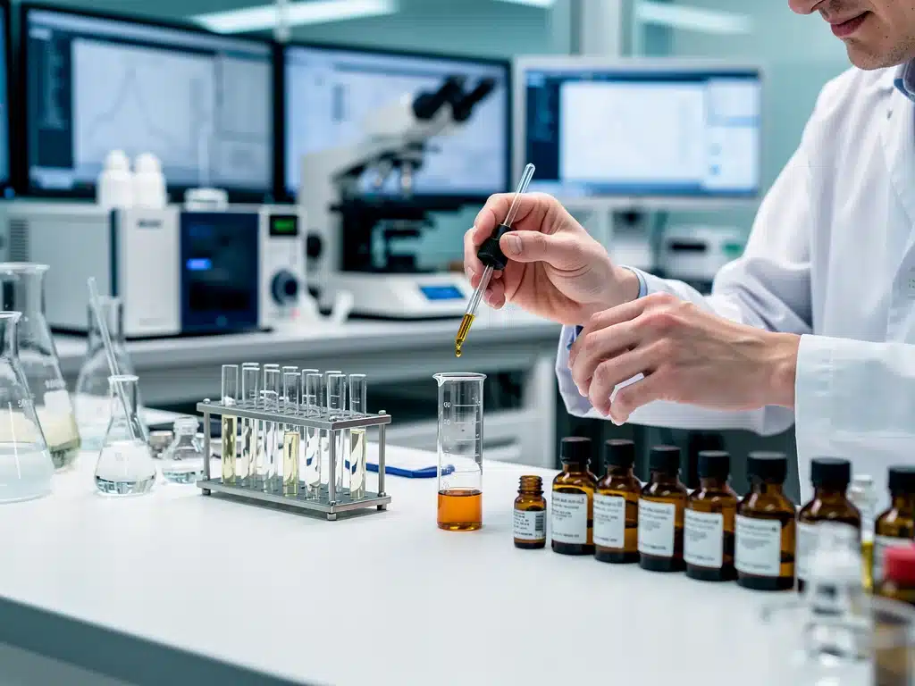 Perfumer meticulously blending essential oils in a lab