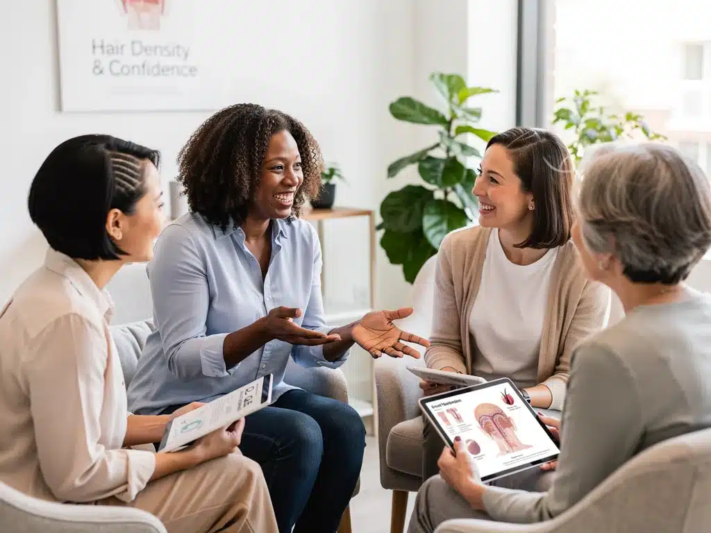 Diverse women discussing new hair loss treatment options and shared experiences.