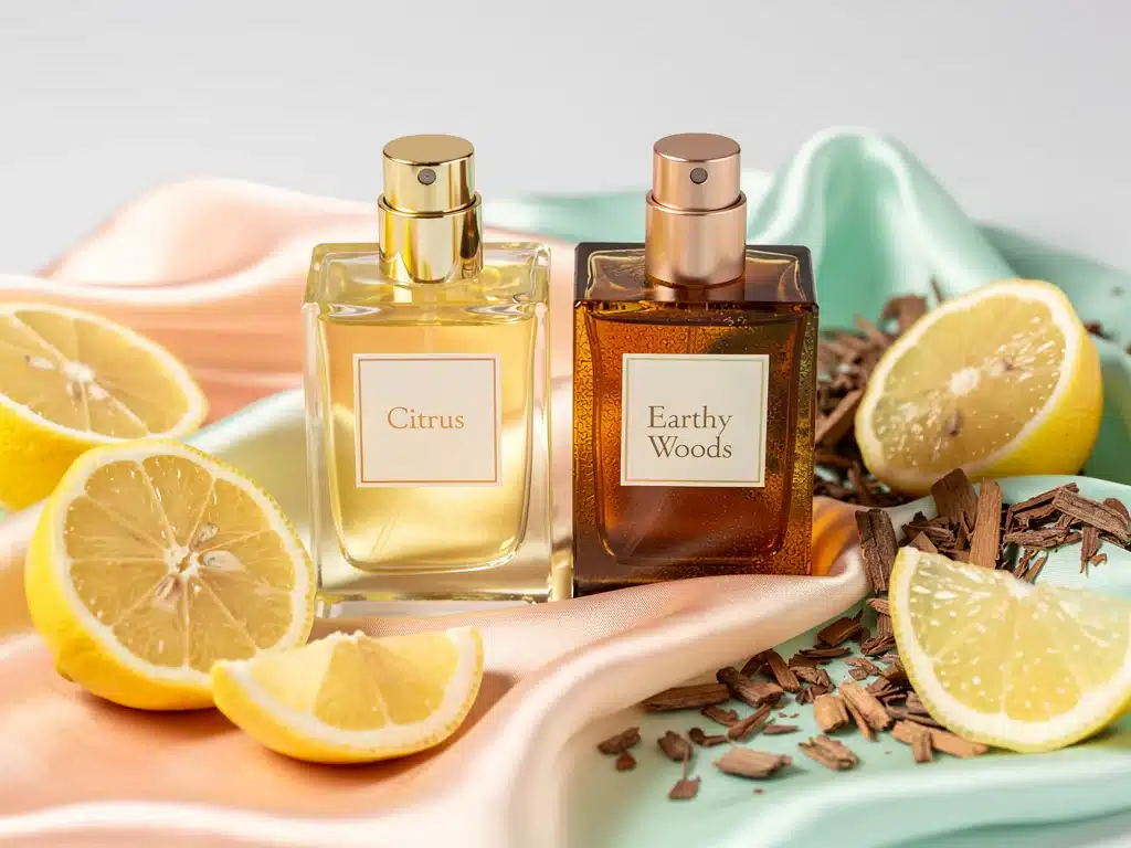 Citrus and earthy wood perfume bottles on silk