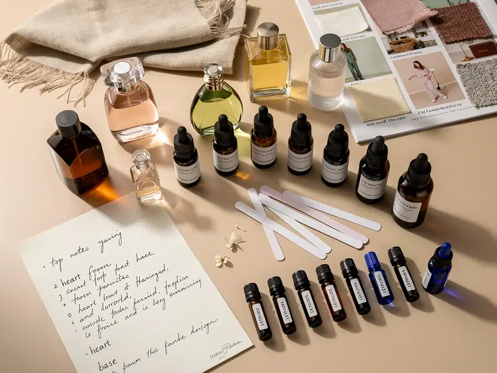 Perfume bottles and fragrance materials used to explore personalized scent pairings.