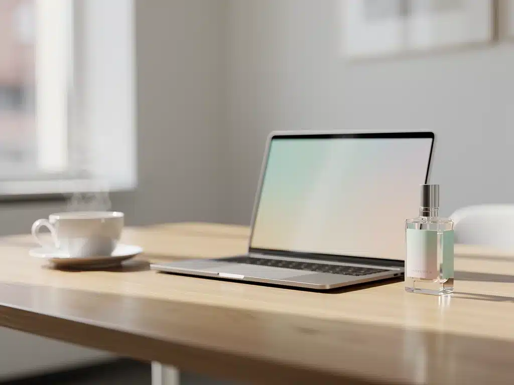 Light, fresh perfume bottle on a professional desk setting.