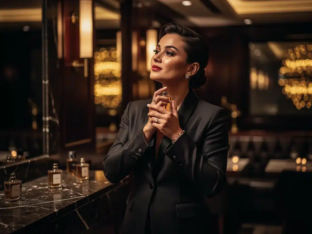 Applying rich evening perfume before going out.