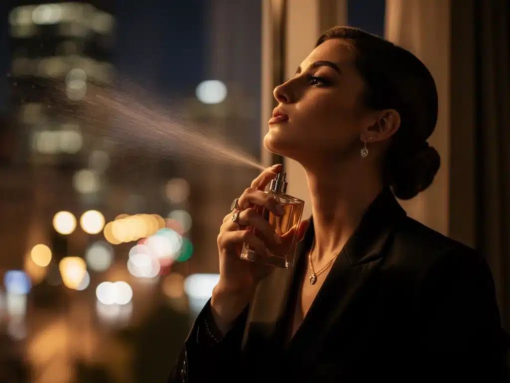 Person applying evening perfume with city lights background.